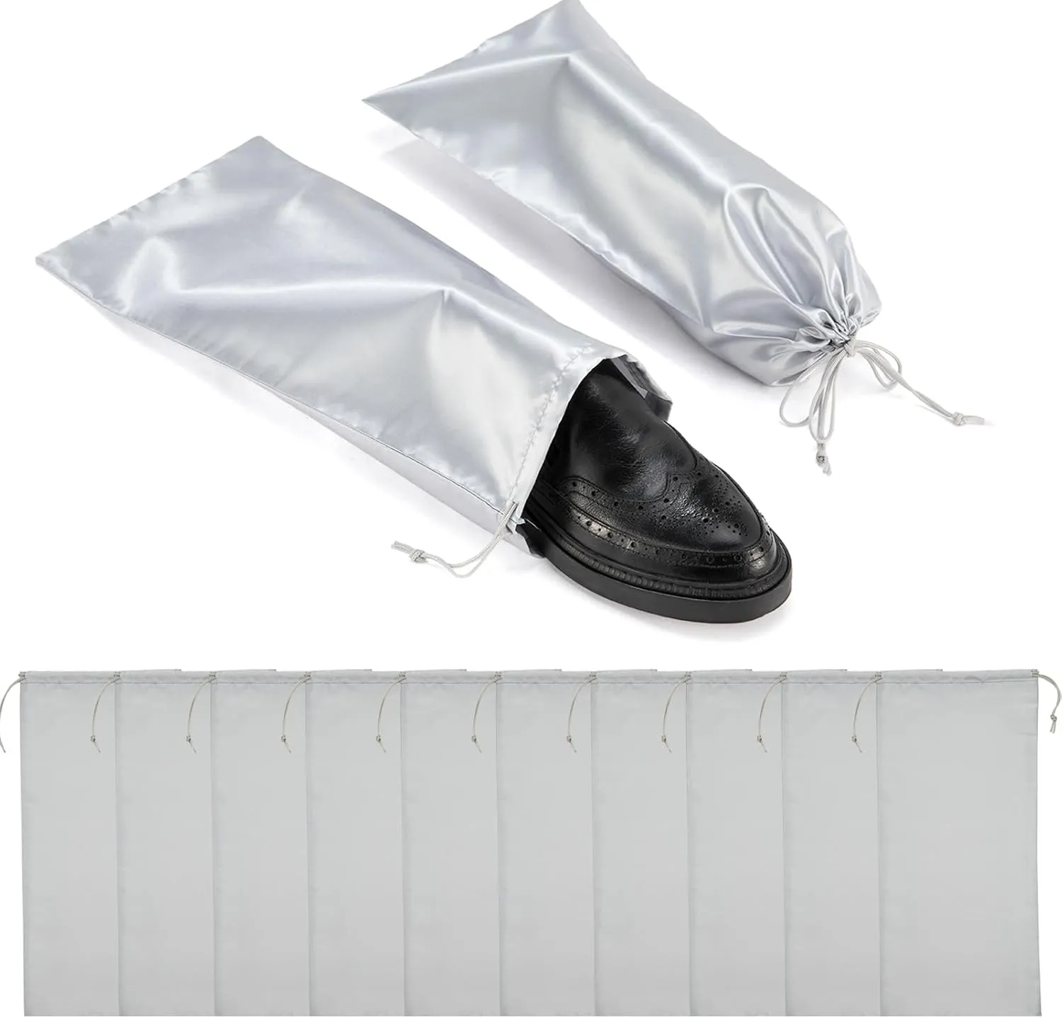 10 Pack Reusable Satin Shoe Bags with Drawstring for Travel - Grey