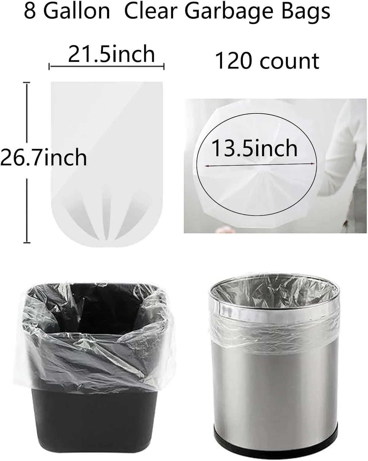 120 Count 8 Gallon Trash Bags Clear Medium Garbage Bags Strong, Leakage-Free,Unscented 30 Liter Thick for Bathroom, Office, Kitchen Waste Basket Trash Can (Clear, 8 Gallon-120 Count)