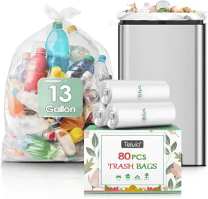 13 Gallon 80 Counts Strong Trash Bags Garbage Bags by Teivio, Bin Liners, Plastic Bags for home office kitchen, Clear
