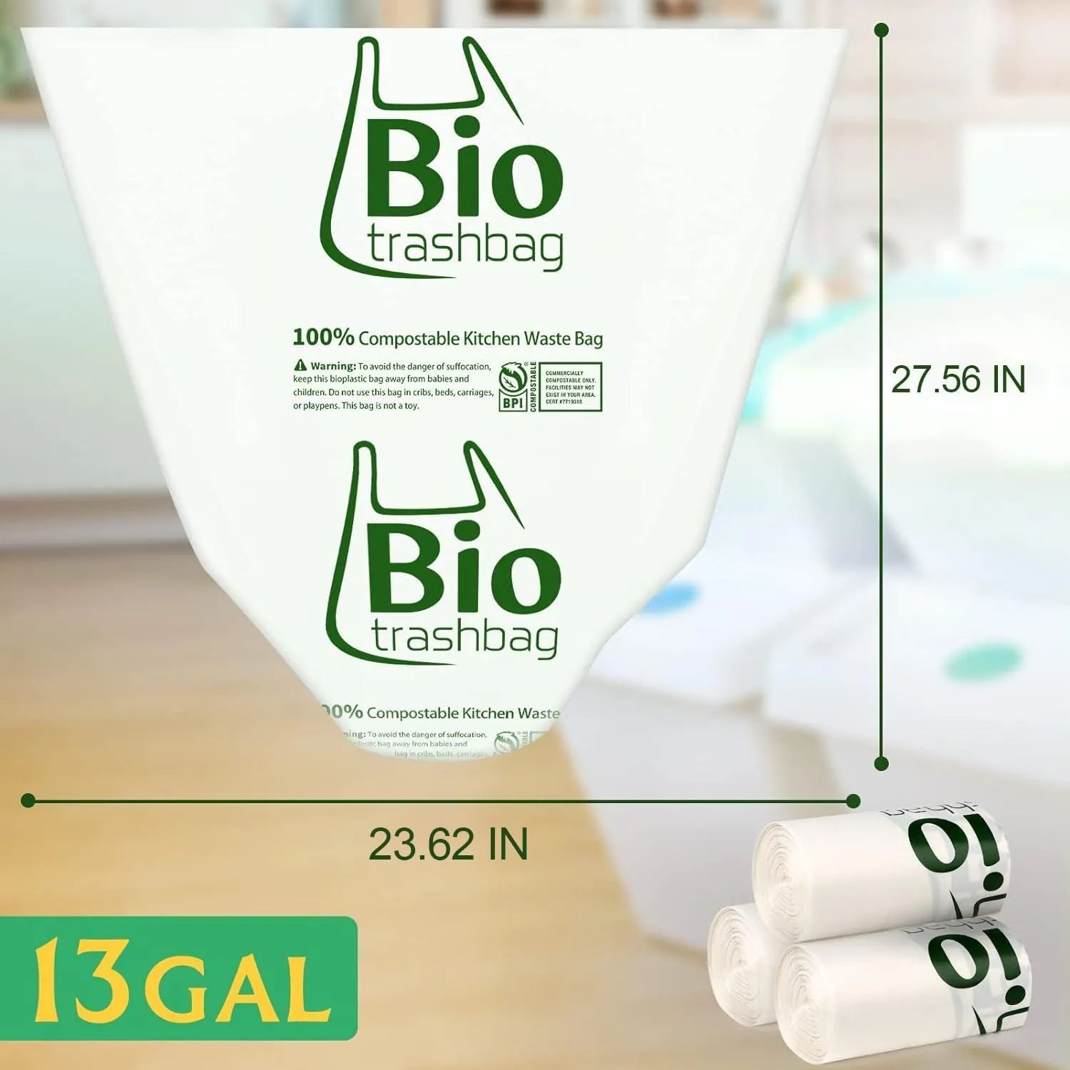 13 Gallon Compostable Trash Bags, 100 Count Biodegradable Tall Kitchen Large Garbage Bags, 49.2 Liter Food Waste Bags, Extra Thick Compost Bags for Countertop Bin, Kitchen, Office