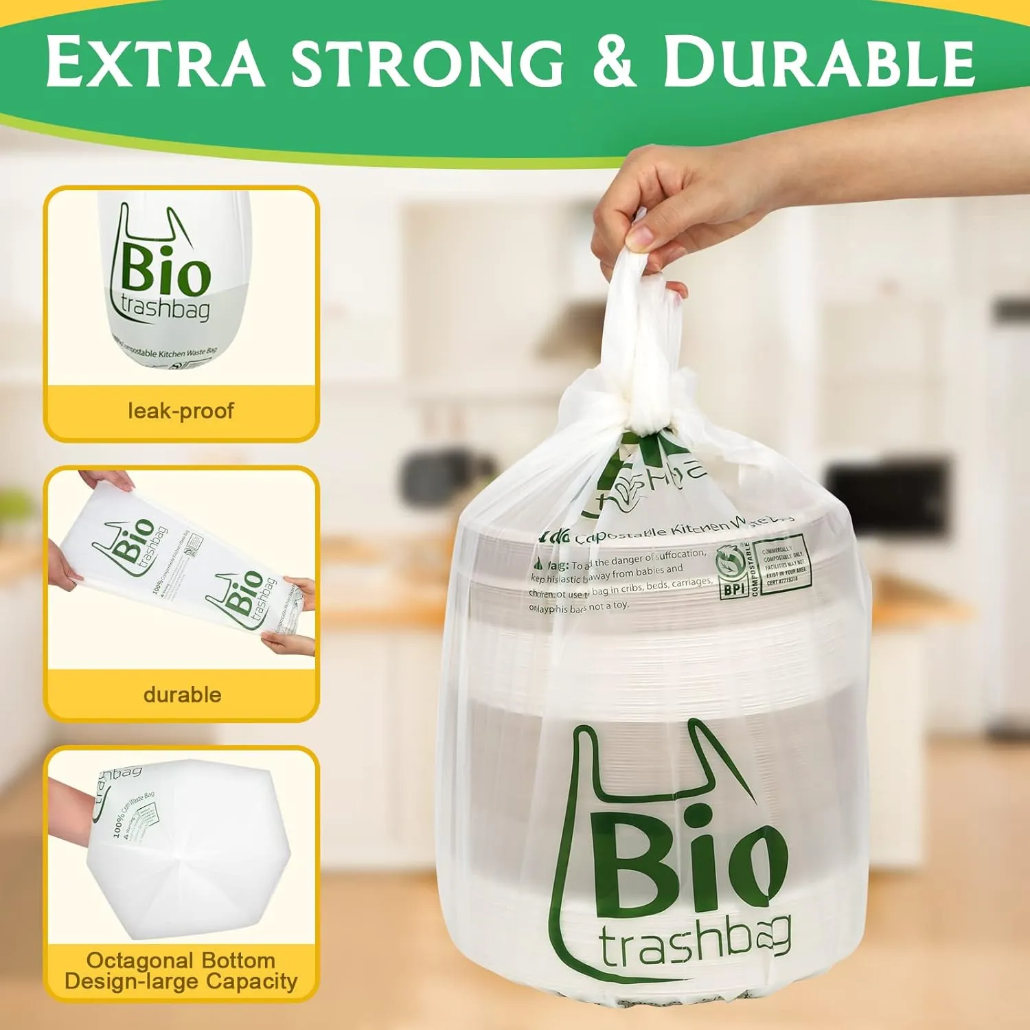 13 Gallon Compostable Trash Bags, 100 Count Biodegradable Tall Kitchen Large Garbage Bags, 49.2 Liter Food Waste Bags, Extra Thick Compost Bags for Countertop Bin, Kitchen, Office