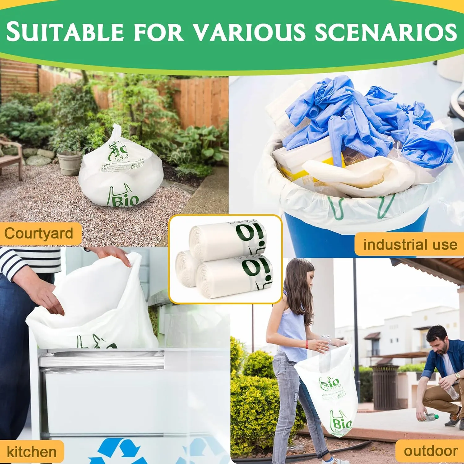 13 Gallon Compostable Trash Bags, 100 Count Biodegradable Tall Kitchen Large Garbage Bags, 49.2 Liter Food Waste Bags, Extra Thick Compost Bags for Countertop Bin, Kitchen, Office