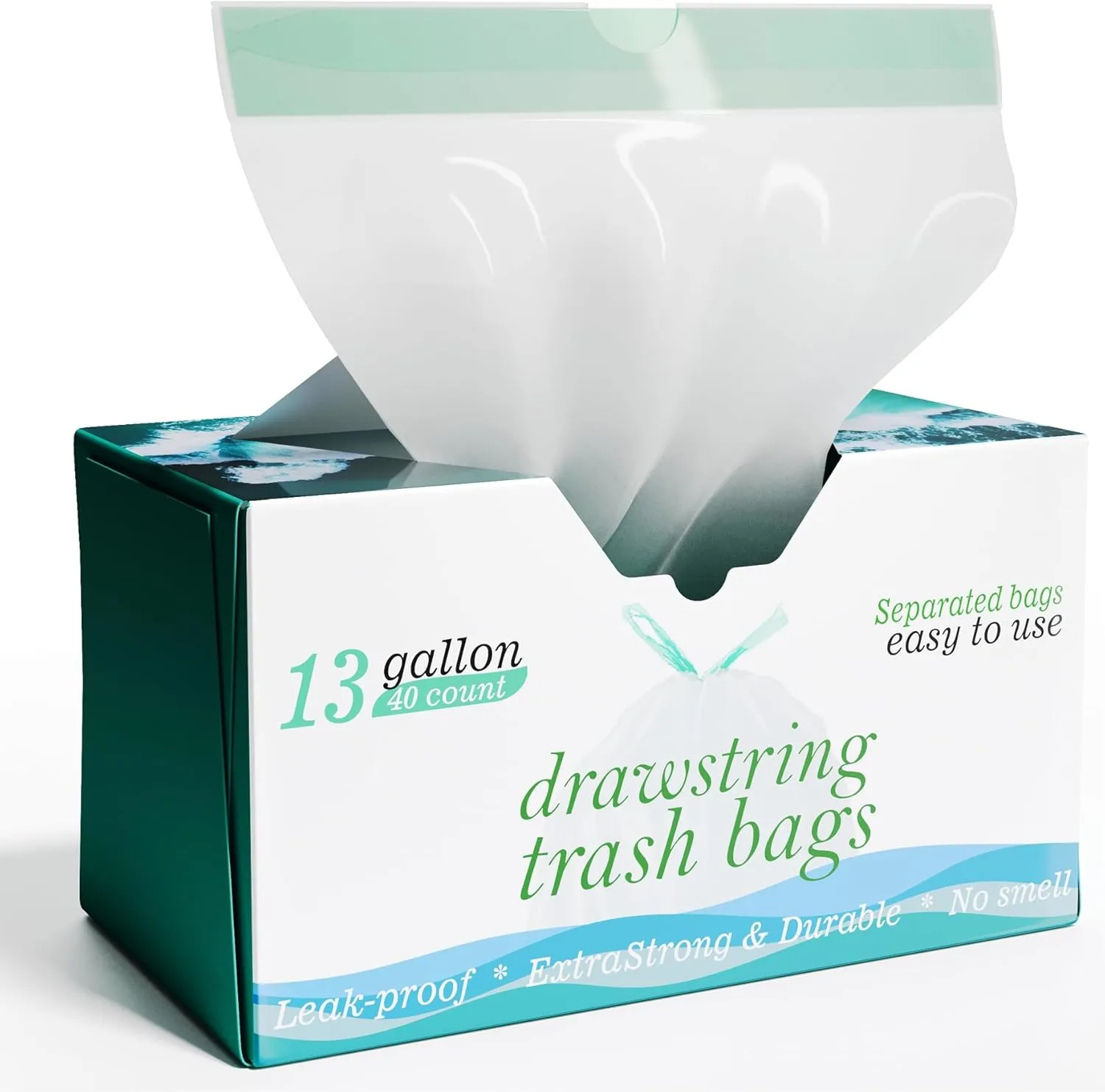 13 Gallon Tall Kitchen Drawstring Trash Bags - 1.2 Mil Extra Strong - Large Drawstring Garbage Bags - Large Plastic Bags - Individual, Unscented, White, 25" x 30", 40 Count