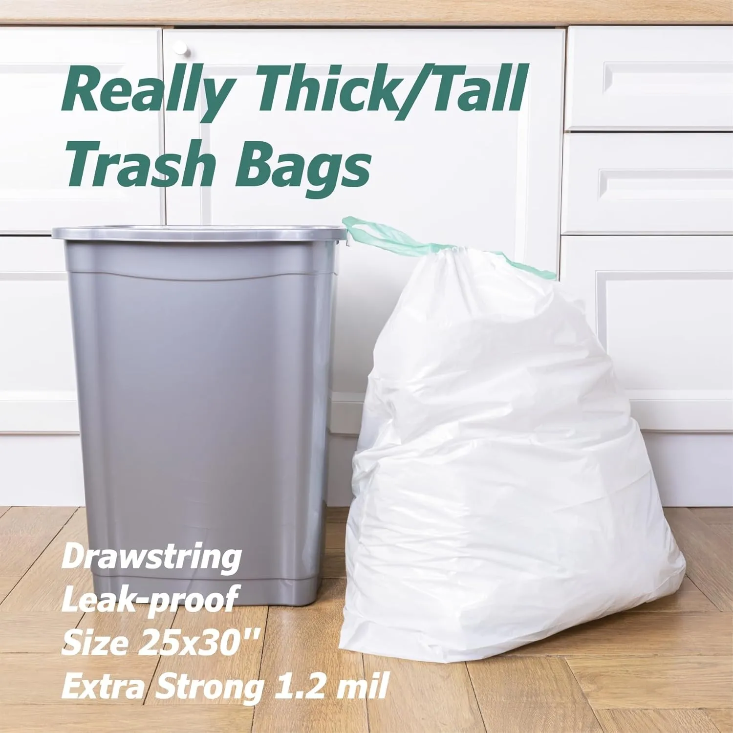 13 Gallon Tall Kitchen Drawstring Trash Bags - 1.2 Mil Extra Strong - Large Drawstring Garbage Bags - Large Plastic Bags - Individual, Unscented, White, 25" x 30", 40 Count