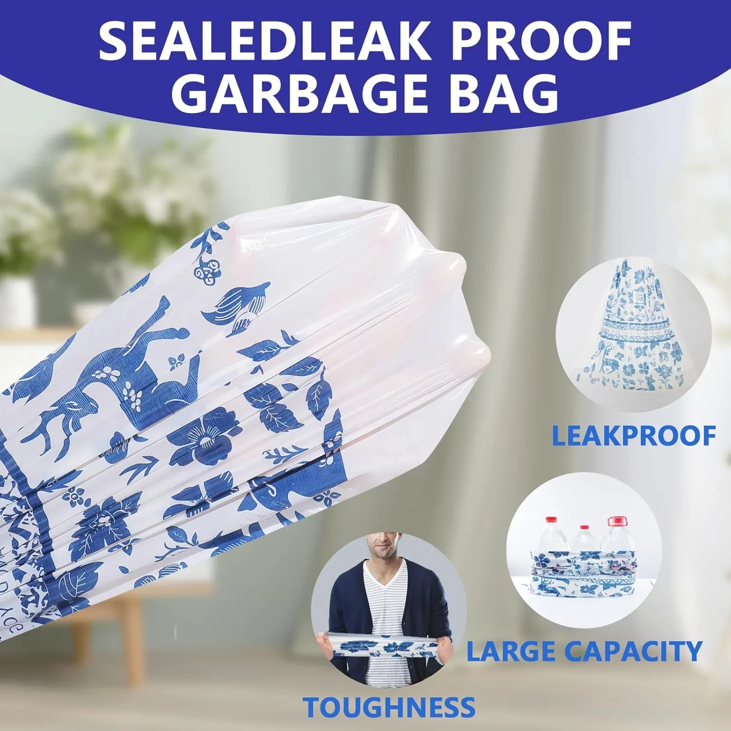 13 Gallon Trash Bags Drawstring, Leakproof Printed Tall Kitchen Garbage Bags, Tear-Resistant & Odor Control Trash Bags for Home/Office, Colored Portable 13 Gallon Garbage Bags, 80 Counts