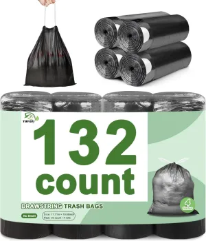 132 Count-Small Trash Bags, 4 Gallon Trash Bag Drawstring, Black Bathroom Garbage BagsTear-Free Garbage Bags Plastic Wastebasket Liners for Toilet Home Office and Bedroom
