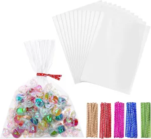 150pcs Cellophane Treat Bags, 5x7 Inch Clear Gift Bags with Ties Small Clear Plastic Cello Bag for Baby Shower Wedding Birthday Party Favors Candies Cookies Goodie Candy Snack Dessert Baked