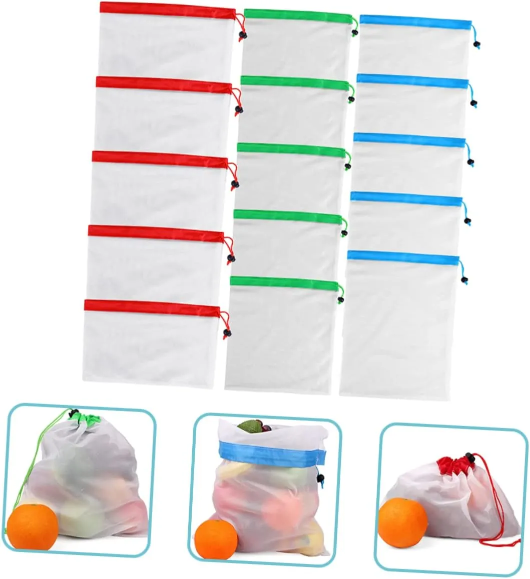 15pcs Reusable Produce Bags Mesh Grocery Bags for Fruits Vegetables Lightweight Storage with Drawstring Design for Kitchen Organization