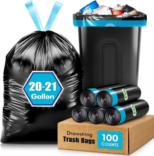 20 Gallon 100 Counts Large Drawstring Trash Bags Fit 20-21 Gal Trash Can, Heavy Duty Tall Kitchen Garbage Liners, Large Trash Bags Size Chart for Home/Office, Outdoor Lawn and Leaf Bags, Black