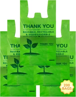 200 Count 100% Biodegradable Thank You Bags  Compostable, Recyclable, Eco-Friendly Grocery T-Shirt, 11.5" x 6.25" x 21", 16 Mic