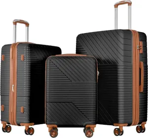 3 Piece Hardshell Luggage Set with Double Spinner Wheels, Durable ABS Material, Expandable for Extra Space, Black Brown