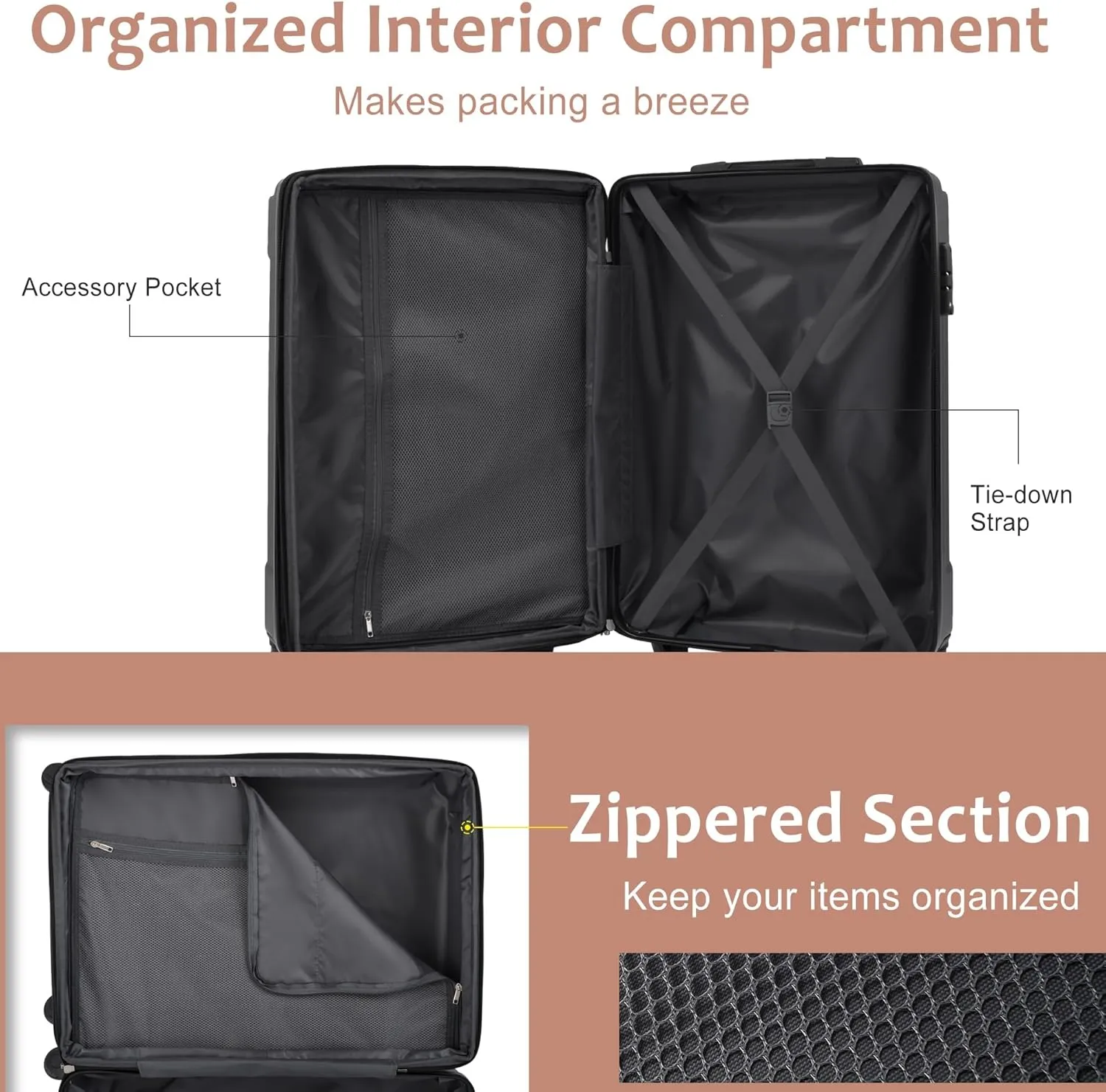 3 Piece Luggage Set with TSA Lock and Double Spinner Wheels, Expandable Hard Shell ABS Suitcases (20/24/28inch)(Brown White)