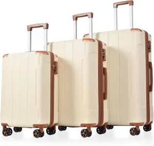 3 Piece Luggage Set with TSA Lock and Double Spinner Wheels, Expandable Hard Shell ABS Suitcases (20/24/28inch)(Brown White)