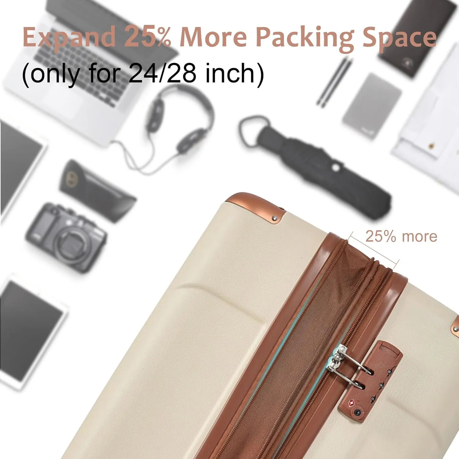 3 Piece Luggage Set with TSA Lock and Double Spinner Wheels, Expandable Hard Shell ABS Suitcases (20/24/28inch)(Brown White)