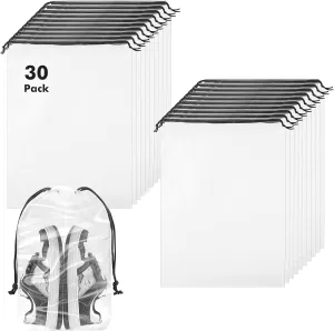 30 Packs Translucent Shoe Bags for Travel 15.7" x 11.8" Portable Drawstring Bags Bulk with label Stickers Waterproof Travel Shoe Bags for Packing Plastic Dustproof Shoe Storage Bags for Men and Women