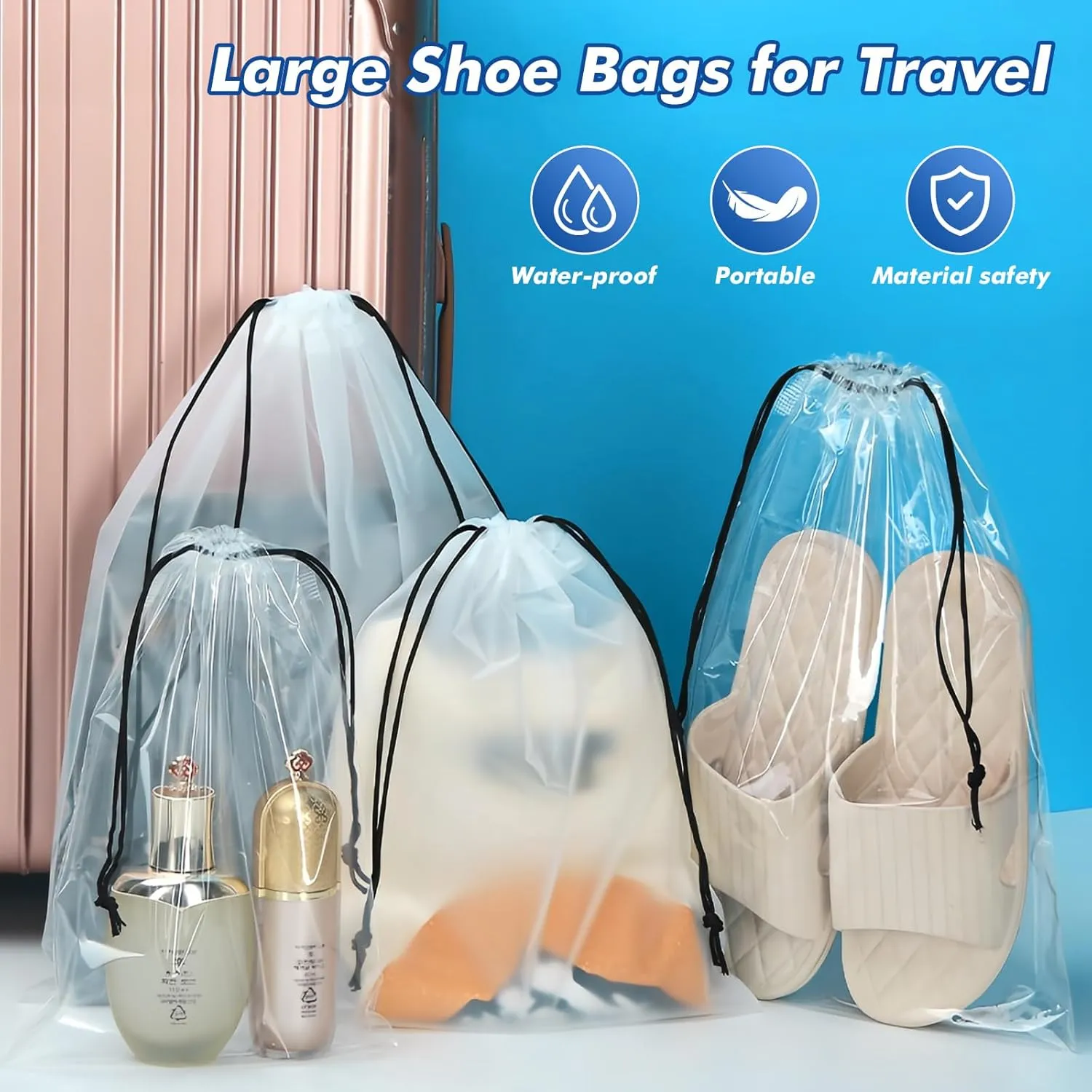 30 Packs Translucent Shoe Bags for Travel 15.7" x 11.8" Portable Drawstring Bags Bulk with label Stickers Waterproof Travel Shoe Bags for Packing Plastic Dustproof Shoe Storage Bags for Men and Women