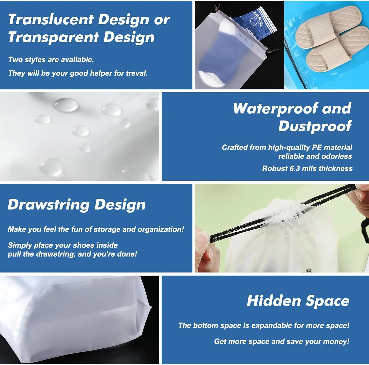 30 Packs Translucent Shoe Bags for Travel 15.7" x 11.8" Portable Drawstring Bags Bulk with label Stickers Waterproof Travel Shoe Bags for Packing Plastic Dustproof Shoe Storage Bags for Men and Women