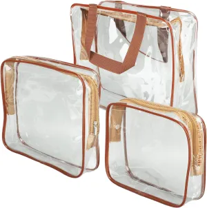 3Pcs Crystal Clear PVC Travel Toiletry Bag Kit,Clear Plastic Tote Bags, Waterproof Transparent with Handle Straps Cosmetic Bag Pouch Carry (Coffee)