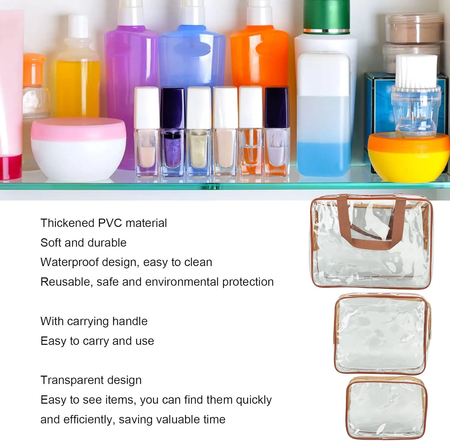 3Pcs Crystal Clear PVC Travel Toiletry Bag Kit,Clear Plastic Tote Bags, Waterproof Transparent with Handle Straps Cosmetic Bag Pouch Carry (Coffee)
