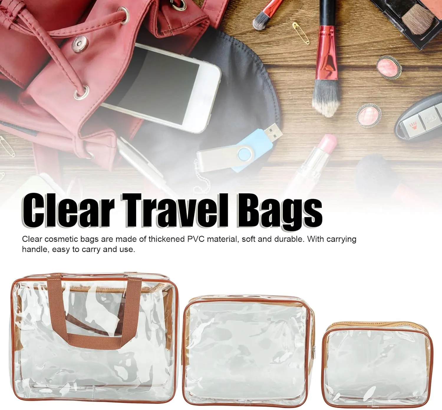 3Pcs Crystal Clear PVC Travel Toiletry Bag Kit,Clear Plastic Tote Bags, Waterproof Transparent with Handle Straps Cosmetic Bag Pouch Carry (Coffee)
