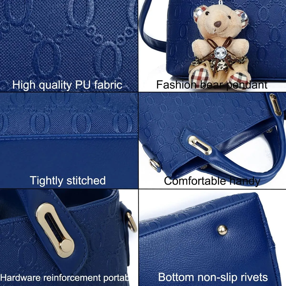 4-PC Women Handbag Shoulder Bag Clutch Card Bag Fashion Totes Satchels Purses with Bear Pendant