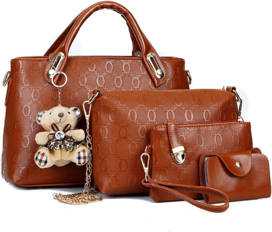 4-PC Women Handbag Shoulder Bag Clutch Card Bag Fashion Totes Satchels Purses with Bear Pendant