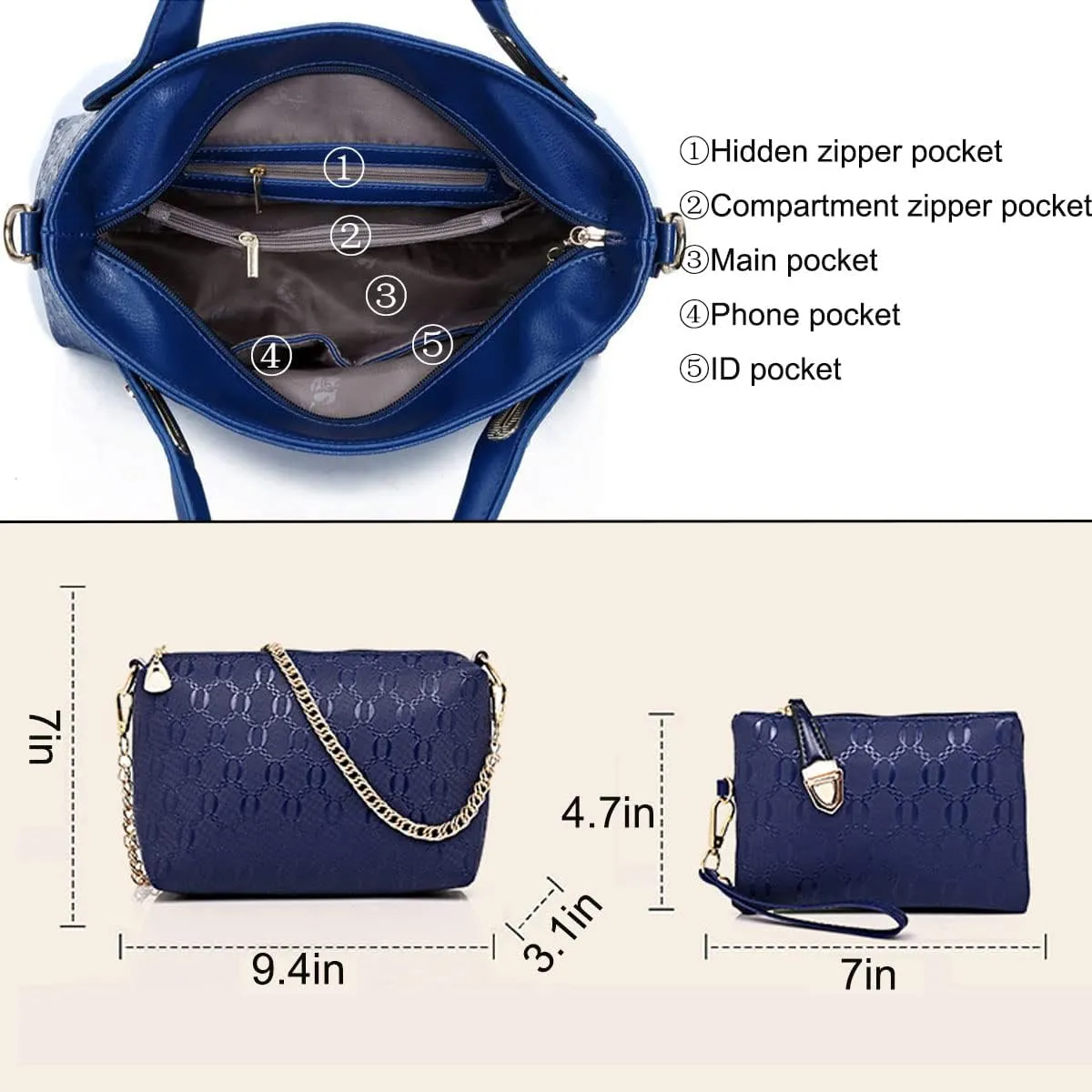 4-PC Women Handbag Shoulder Bag Clutch Card Bag Fashion Totes Satchels Purses with Bear Pendant