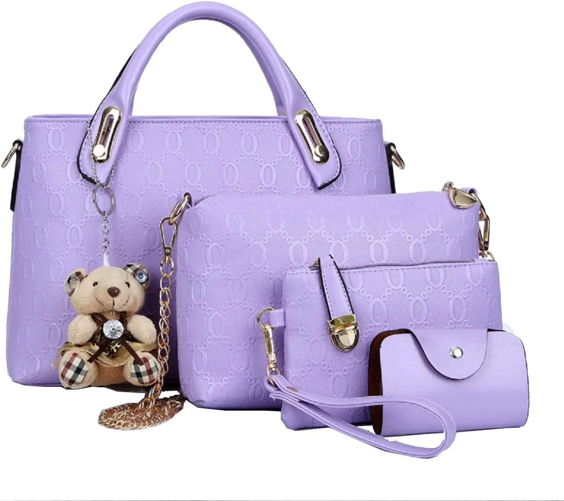 4-PC Women Handbag Shoulder Bag Clutch Card Bag Fashion Totes Satchels Purses with Bear Pendant