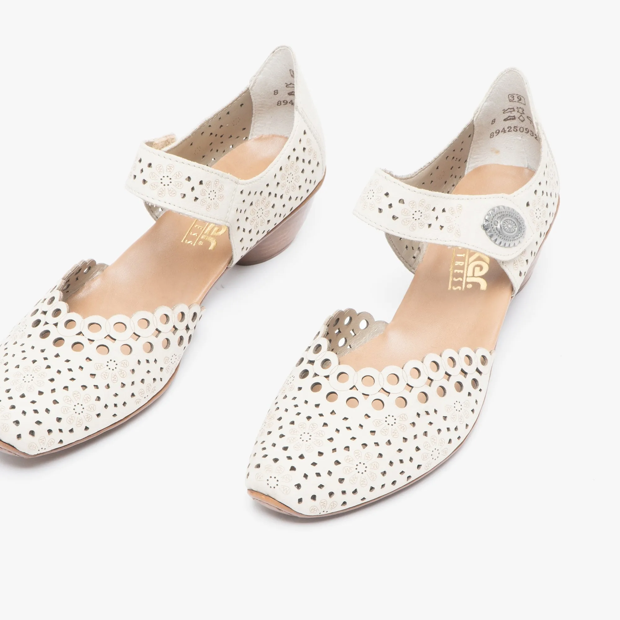 43753-60 Ladies Leather Block Heel Shoes Beige