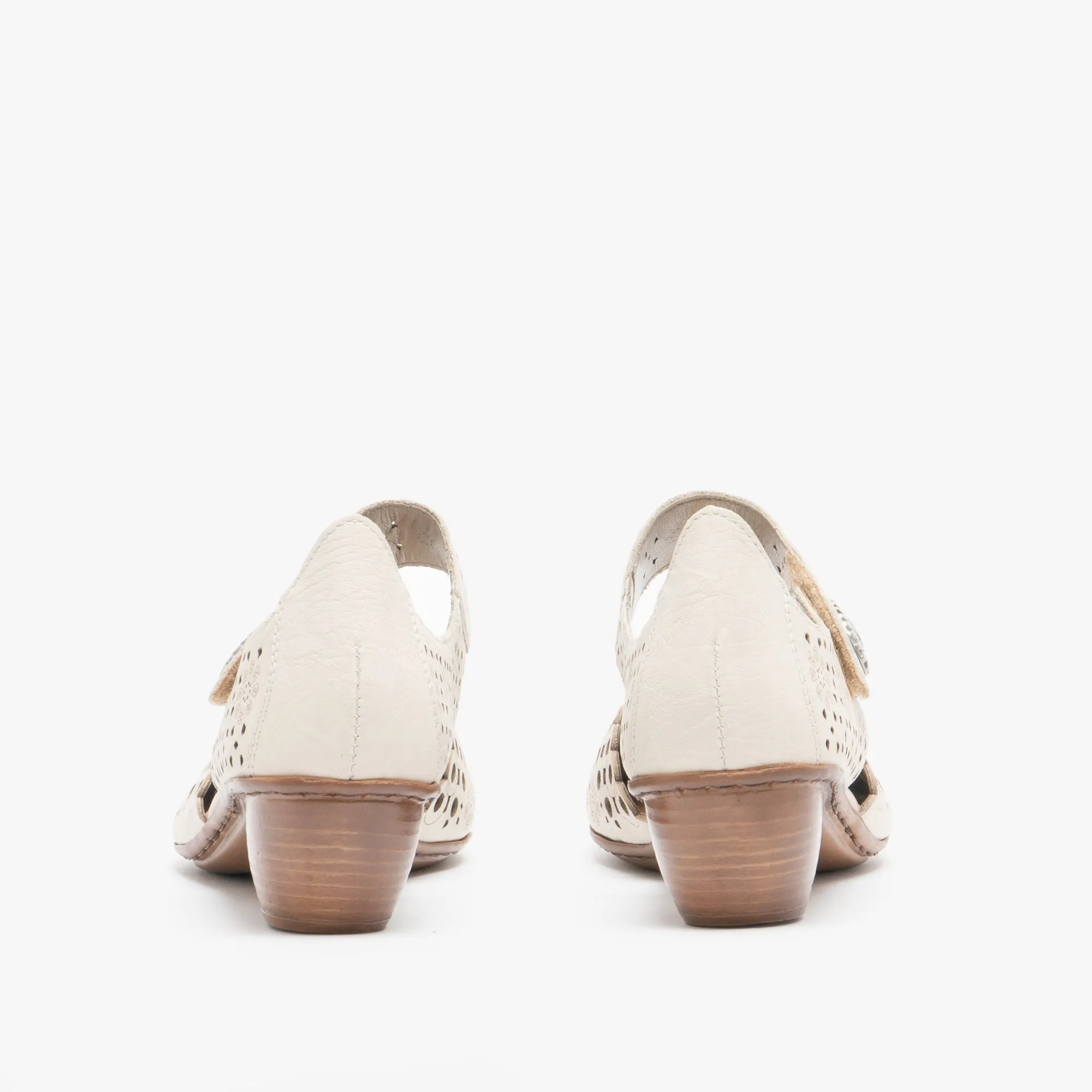 43753-60 Ladies Leather Block Heel Shoes Beige