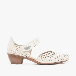 43753-60 Ladies Leather Block Heel Shoes Beige