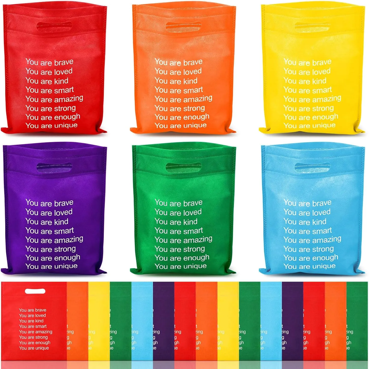 48 Pcs End of the Year Gifts Bags for Students Rainbow Reusable Goodie Treat Bags with Handles Bulk 11.5 x 9.5 Inches Inspiration Party Favor for Birthday Holiday Party Supplies