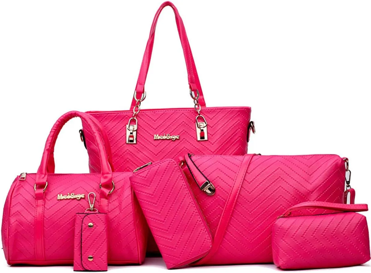 6-Pcs Handbags Sets Women Purses PU Leather Texture Pattern Tote Bags Satchel Crossbody Shoulder Bag Wristlets Wallet