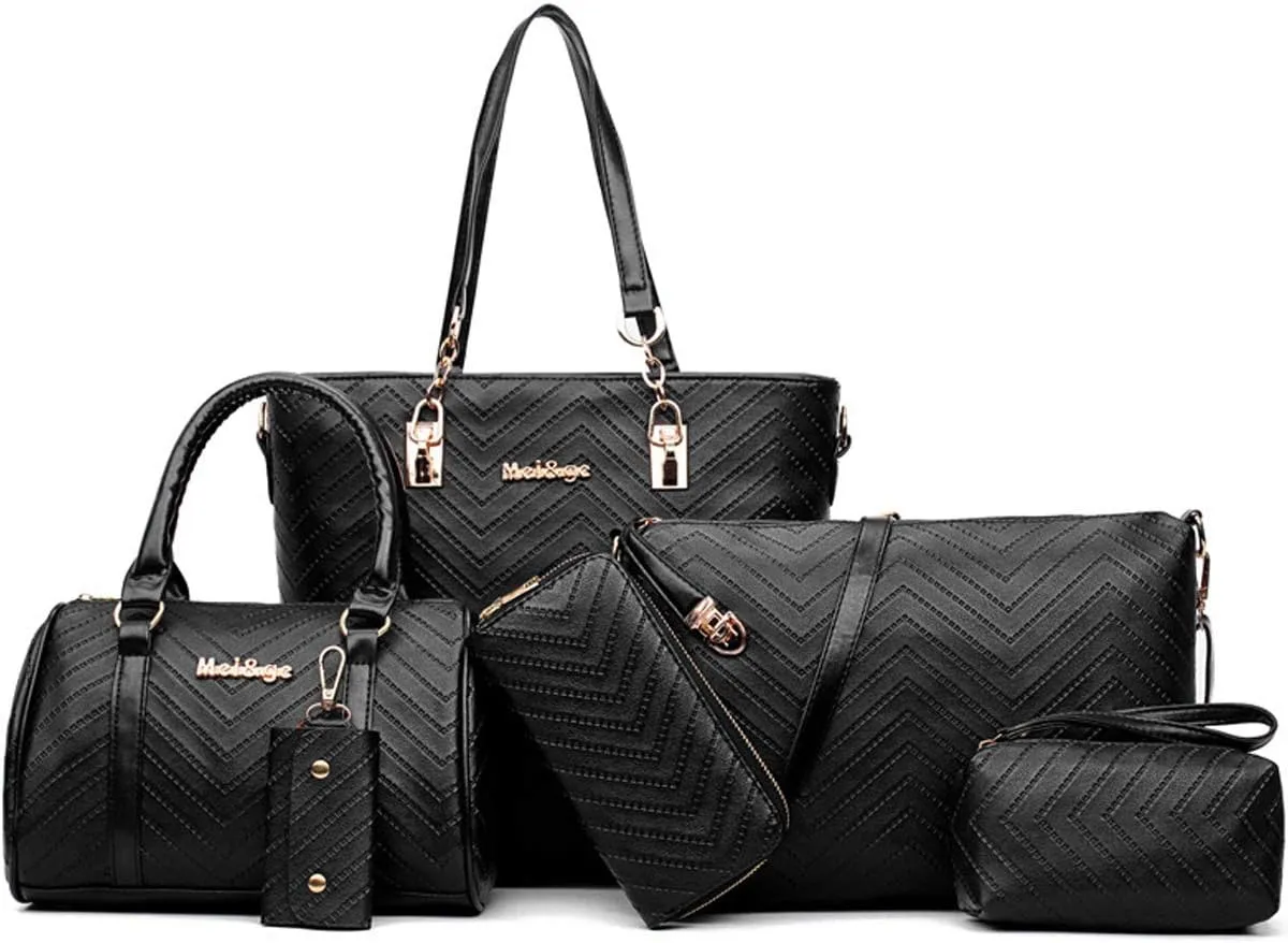 6-Pcs Handbags Sets Women Purses PU Leather Texture Pattern Tote Bags Satchel Crossbody Shoulder Bag Wristlets Wallet