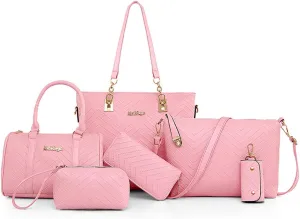 6-Pcs Handbags Sets Women Purses PU Leather Texture Pattern Tote Bags Satchel Crossbody Shoulder Bag Wristlets Wallet