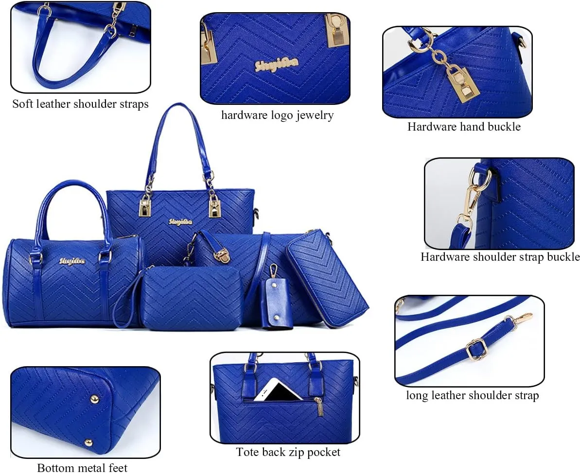 6-Pcs Handbags Sets Women Purses PU Leather Texture Pattern Tote Bags Satchel Crossbody Shoulder Bag Wristlets Wallet