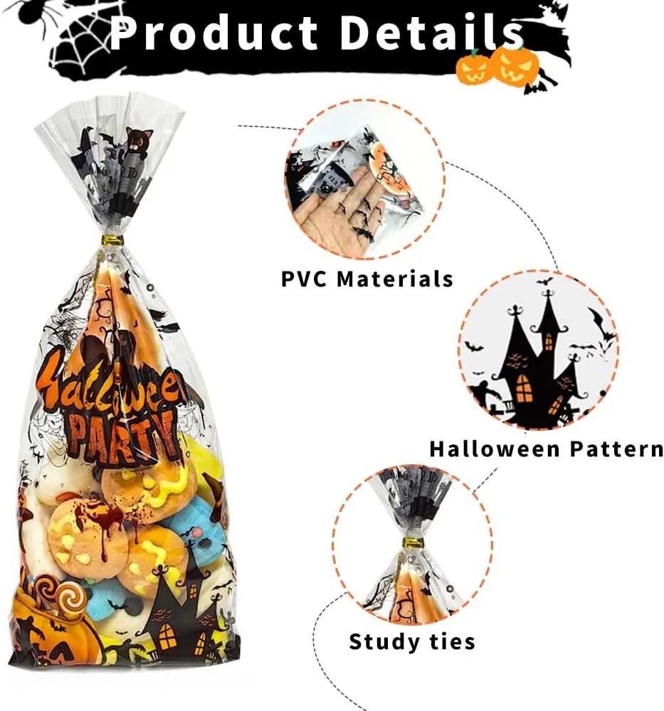 60PCS Plastic Halloween Cookies Goodie Gift Bags with Ties for Trick or Treat Party Favors Supplies, 4 Styles