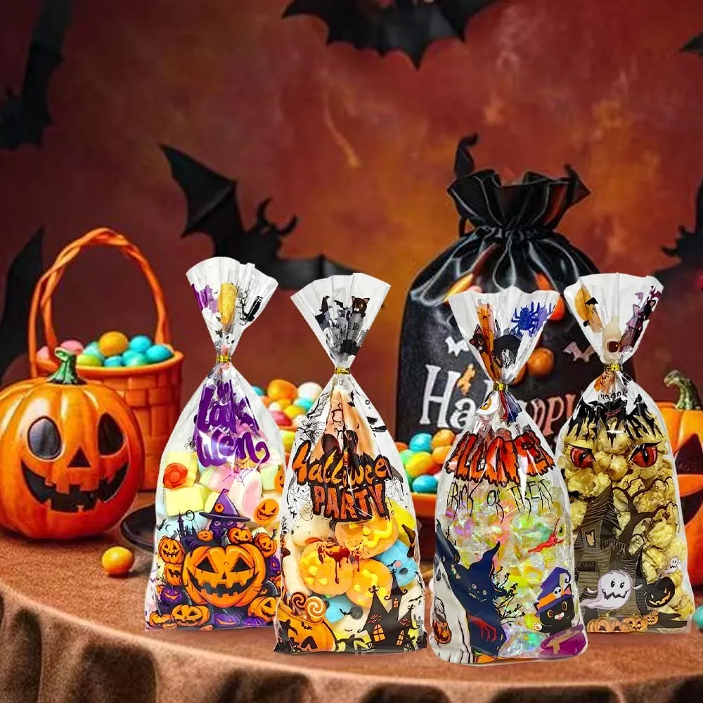 60PCS Plastic Halloween Cookies Goodie Gift Bags with Ties for Trick or Treat Party Favors Supplies, 4 Styles