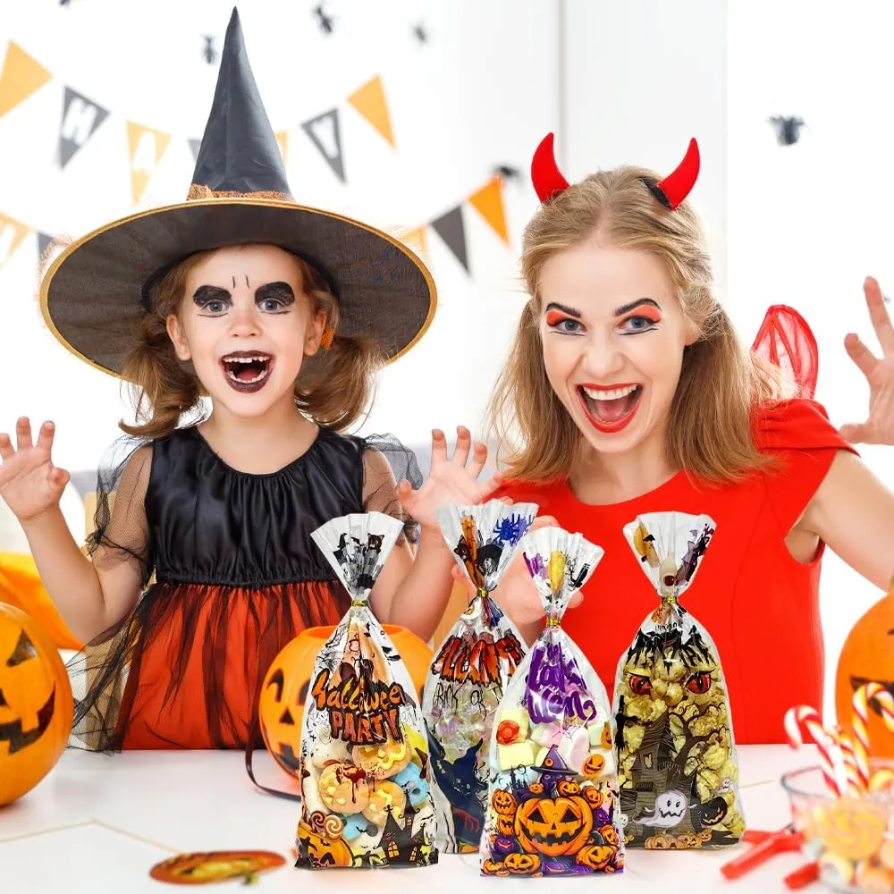 60PCS Plastic Halloween Cookies Goodie Gift Bags with Ties for Trick or Treat Party Favors Supplies, 4 Styles