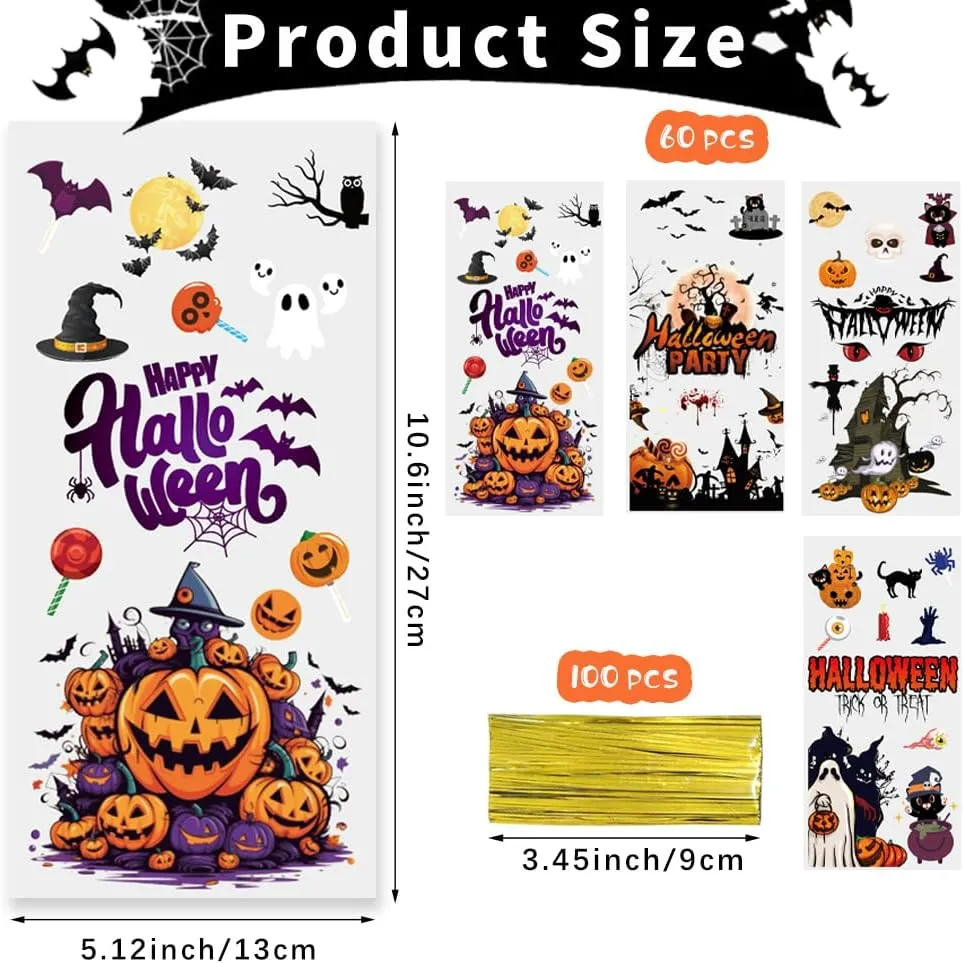 60PCS Plastic Halloween Cookies Goodie Gift Bags with Ties for Trick or Treat Party Favors Supplies, 4 Styles
