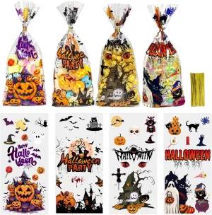 60PCS Plastic Halloween Cookies Goodie Gift Bags with Ties for Trick or Treat Party Favors Supplies, 4 Styles
