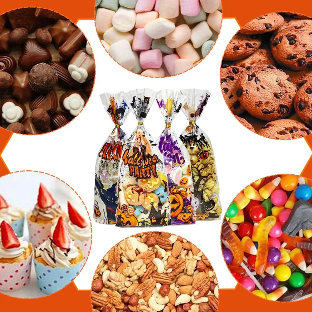 60PCS Plastic Halloween Cookies Goodie Gift Bags with Ties for Trick or Treat Party Favors Supplies, 4 Styles