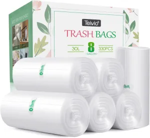 8 Gallon 330 Counts Strong Trash Bags Garbage Bags by Teivio, Bathroom Trash Can Bin Liners, Plastic Bags for home office kitchen, Clear