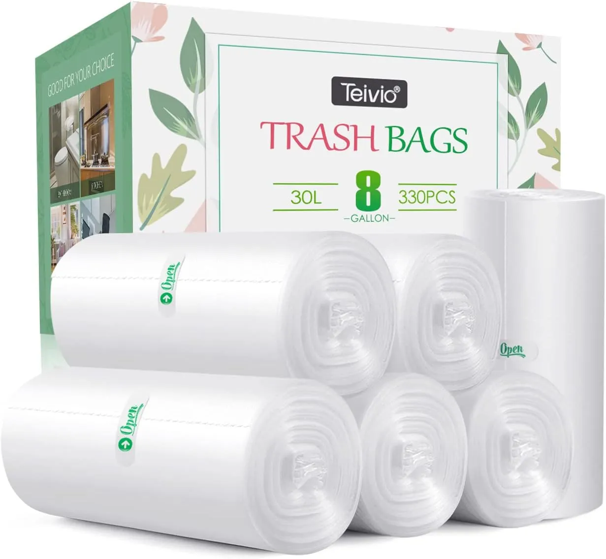 8 Gallon 330 Counts Strong Trash Bags Garbage Bags by Teivio, Bathroom Trash Can Bin Liners, Plastic Bags for home office kitchen, Clear