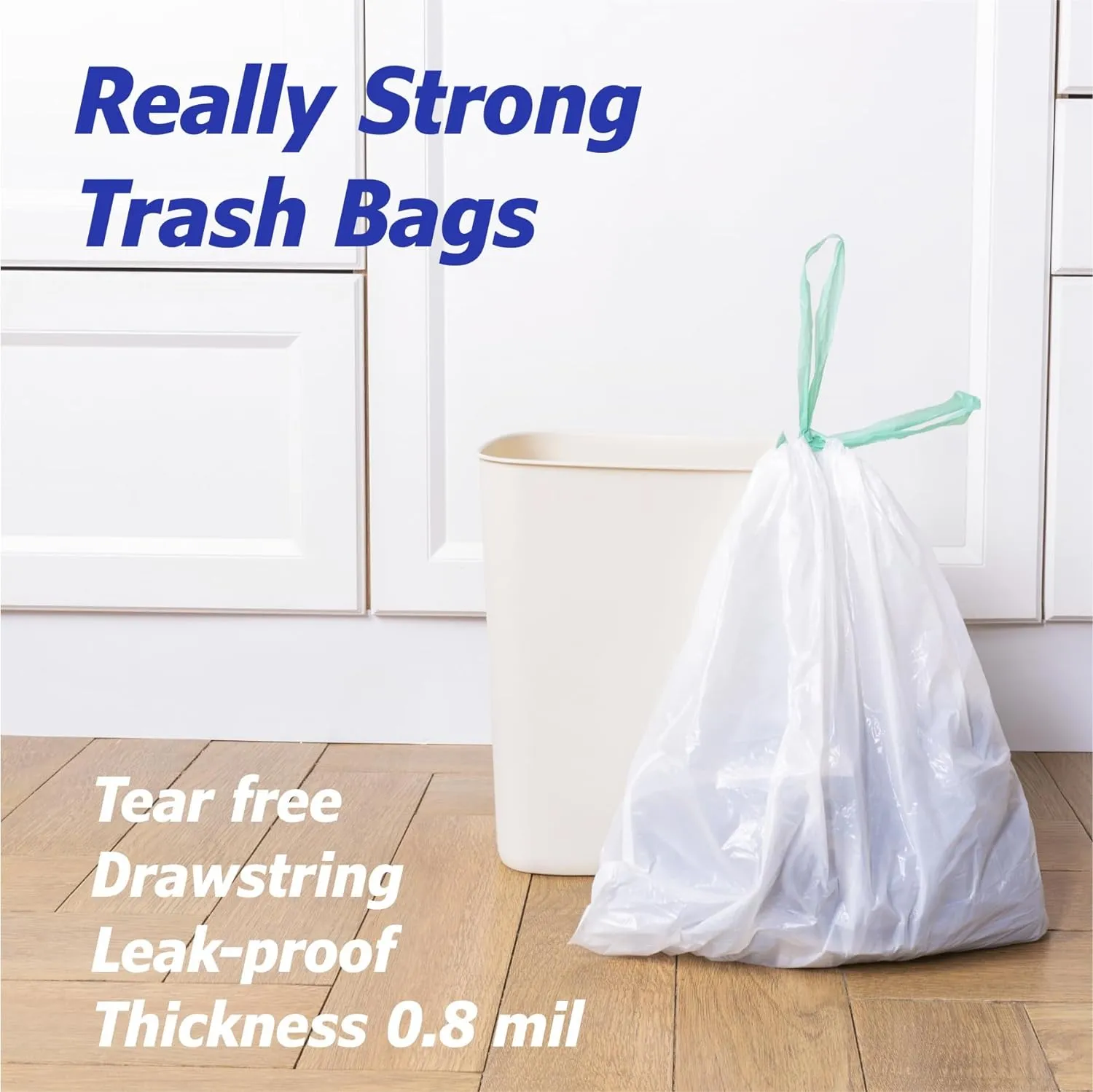 8 Gallon Drawstring Garbage Bags 0.8 Mil Ultra Strong Medium Kitchen Trash Bags Medium Plastic Bags - Individual, Unscented, White, 23"x27", 50 Count