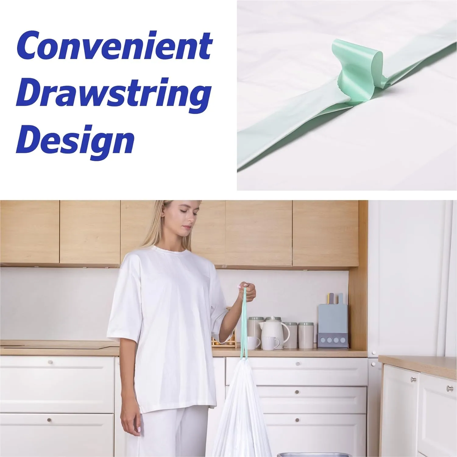 8 Gallon Drawstring Garbage Bags 0.8 Mil Ultra Strong Medium Kitchen Trash Bags Medium Plastic Bags - Individual, Unscented, White, 23"x27", 50 Count