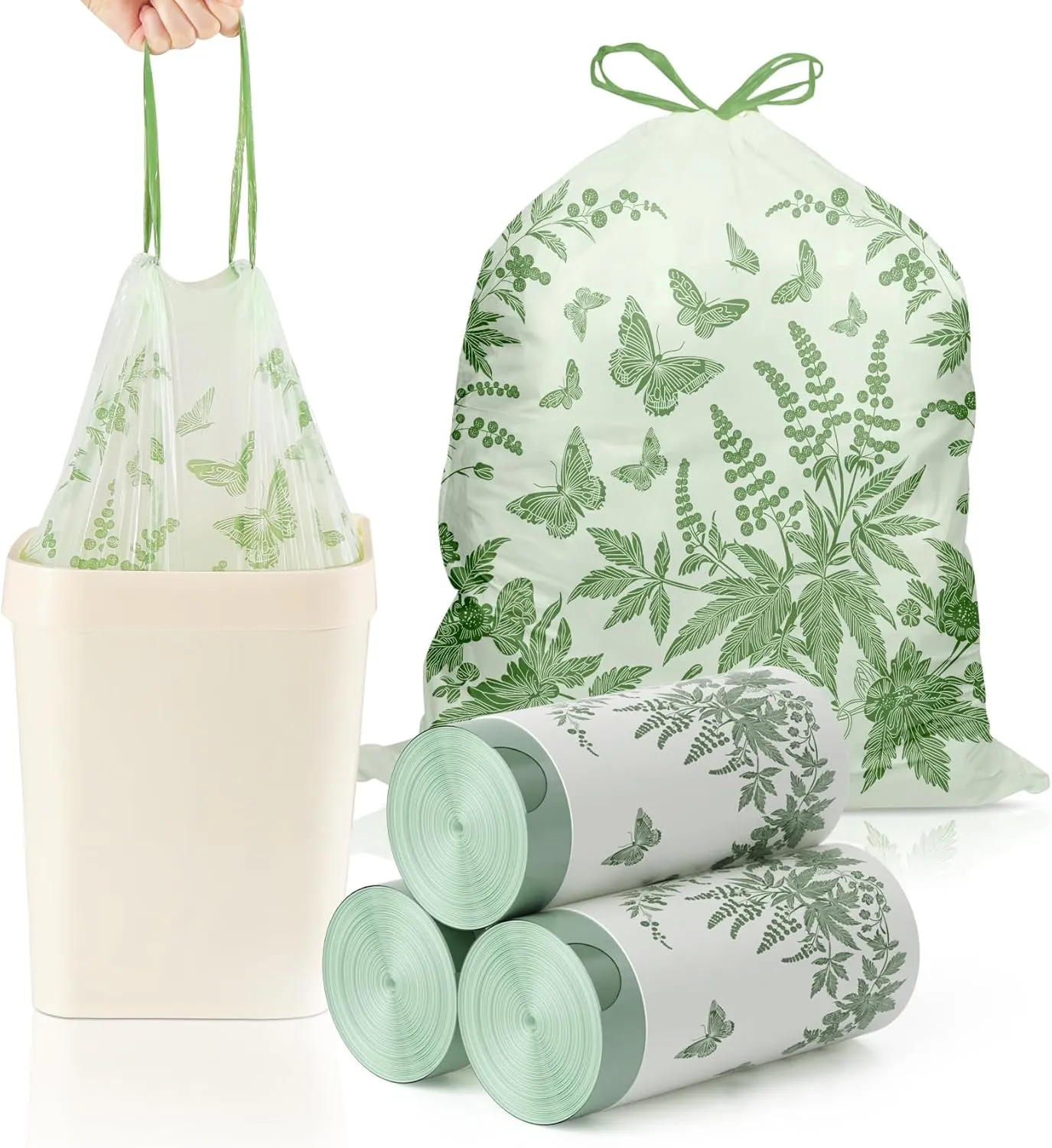 8 Gallon Trash Bags with Butterfly Printed & Sweet Wormwood Scent, Drawstring Medium Garbage Bags, Tear-Resistant & Fragrant Trash Can Liners, Trash Bags 8 Gallon for Home/Office, 75 Counts