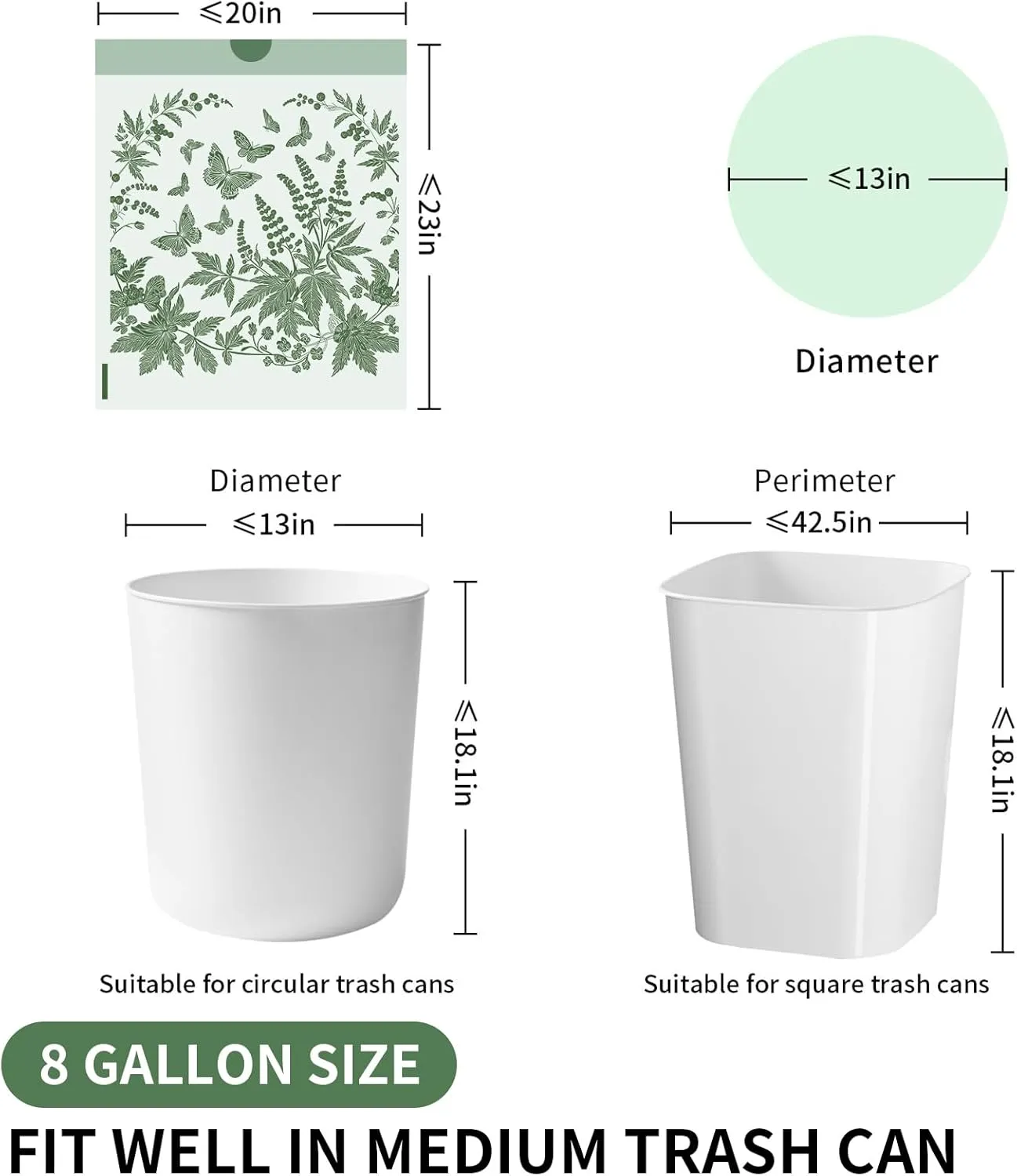 8 Gallon Trash Bags with Butterfly Printed & Sweet Wormwood Scent, Drawstring Medium Garbage Bags, Tear-Resistant & Fragrant Trash Can Liners, Trash Bags 8 Gallon for Home/Office, 75 Counts