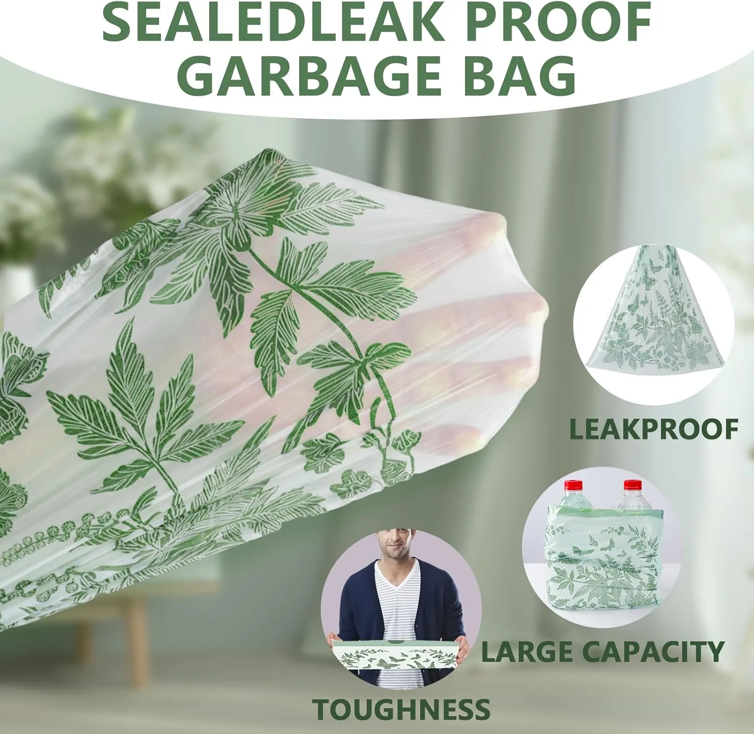 8 Gallon Trash Bags with Butterfly Printed & Sweet Wormwood Scent, Drawstring Medium Garbage Bags, Tear-Resistant & Fragrant Trash Can Liners, Trash Bags 8 Gallon for Home/Office, 75 Counts