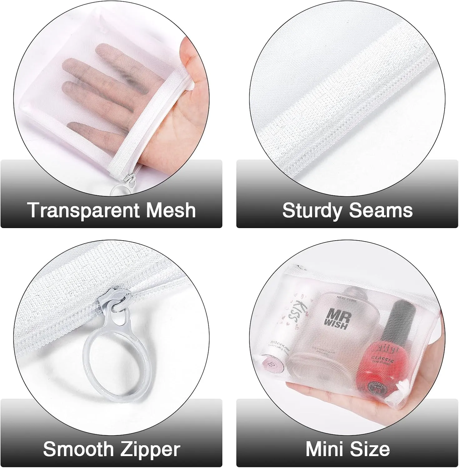 8 Pack Mini Zipper Mesh Makeup Bags, Nylon Cosmetic Bags Toiletry Purse Travel Organizer Bags Inside Bag for Office Travel Organization (Widened-White, XS)